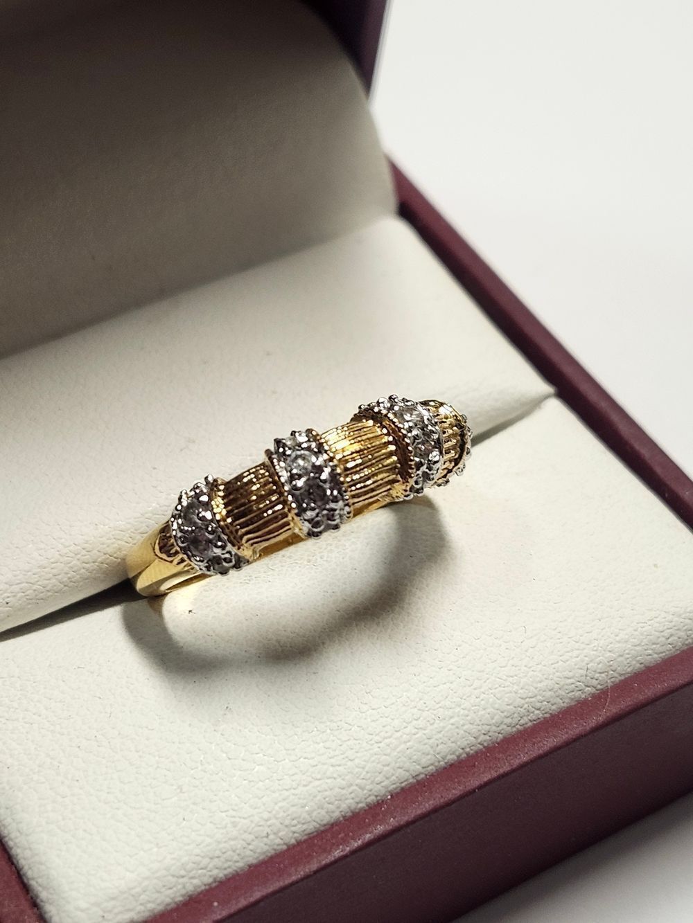 Gold & Silver Tone Textured Band Ring with Crystal Accents Size 9
